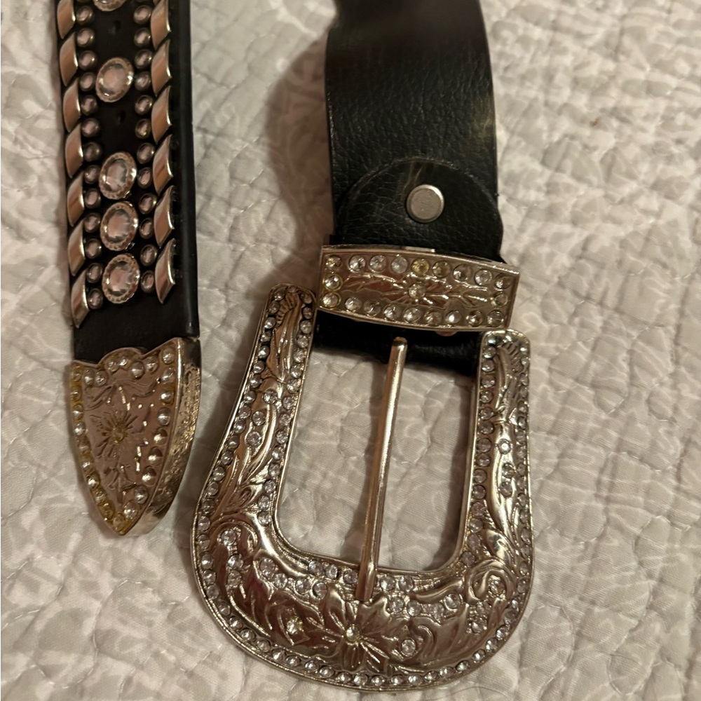 Black Leather Belt with Silver Embellishments